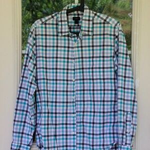 J. Crew Men's Button Down Shirt Small - Slim Green Blue Checker Long Sleeve